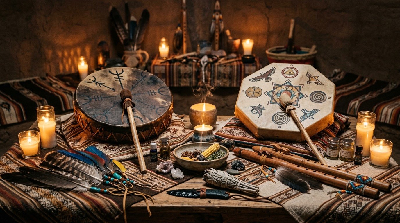 Altar ceremonial con tambores, plumas e instrumentos tradicionales - Despierta Sanamente