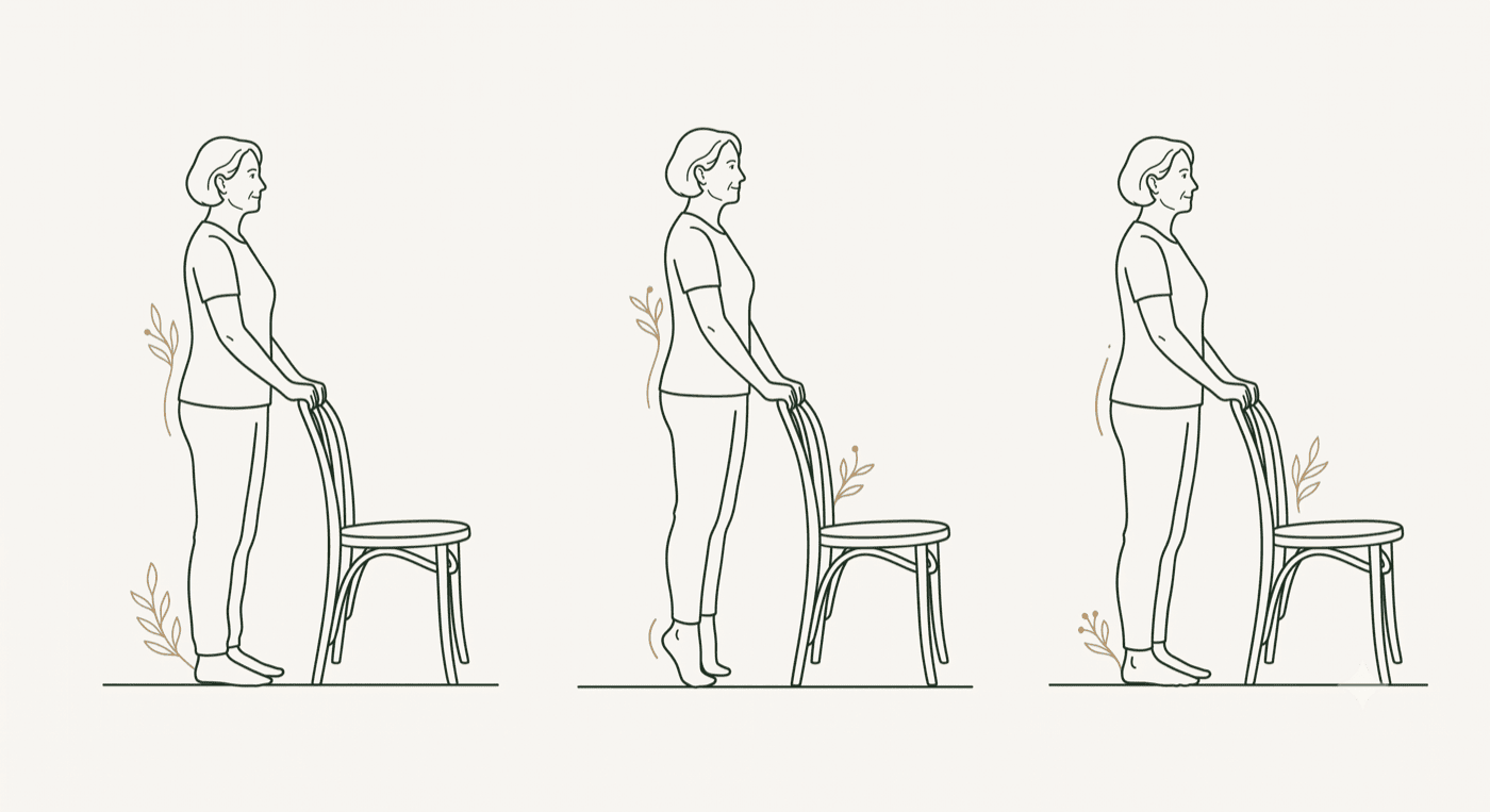 Secuencia: de pie sosteniendo una silla, subiendo a las puntas de los pies, bajando los talones